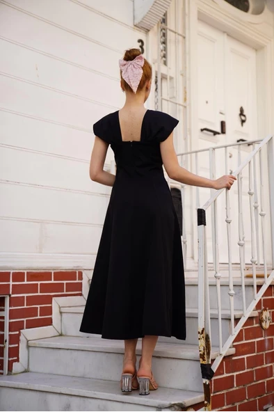 U yaka prenses elbise siyah s255101 - Resim 4