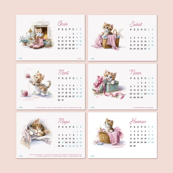 2026 Sevimli Yavru Kedili Masa Takvimi | Doğal Ahşap Tabanlı Takvim | Pastel Pembe Kedi illüstrasyonlu Takvim - Resim 3