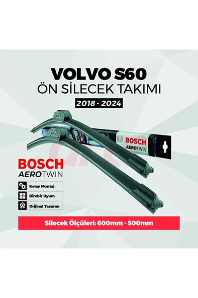 Volvo S60 Kas. 2018-2025 Uyumlu | BoschAerotwin Serisi Ön Silecek Takımı | 2'li Set | ürün görseli 1