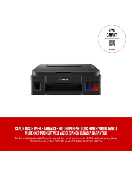 Canon Pixma G3416 Wi-Fi + Tarayıcı + Fotokopi Renkli Çok Fonksiyonlu Tanklı Mürekkep Püskürtmeli Yazıcı ürün görseli 1