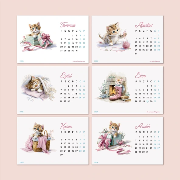 2026 Sevimli Yavru Kedili Masa Takvimi | Doğal Ahşap Tabanlı Takvim | Pastel Pembe Kedi illüstrasyonlu Takvim - Resim 4