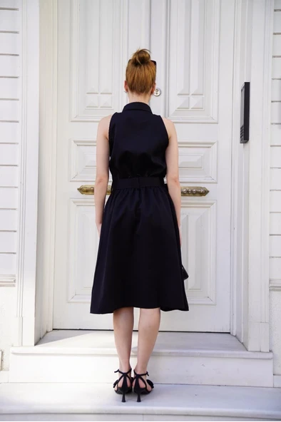 Gömlek yaka kemerli elbise siyah s255061 - Resim 2