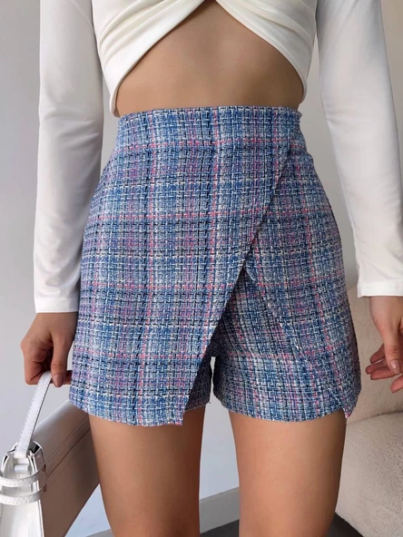 Kapaklı tüvit şort etek mavi - Resim 3