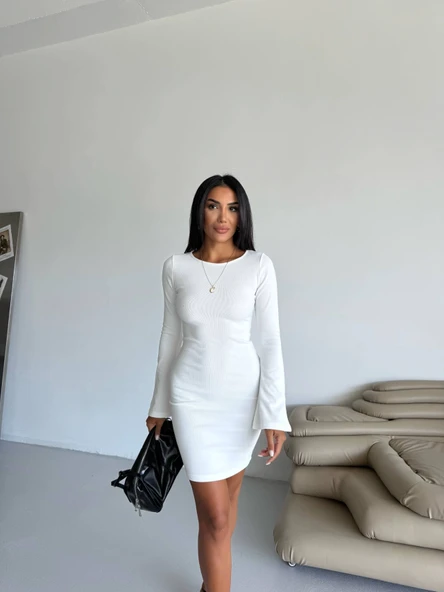 Prenses kol esnek kumaş elbise beyaz - Resim 6