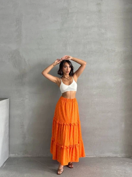 Fırfırlı brodeli astarlı uzun etek tcu s255047 - Resim 6