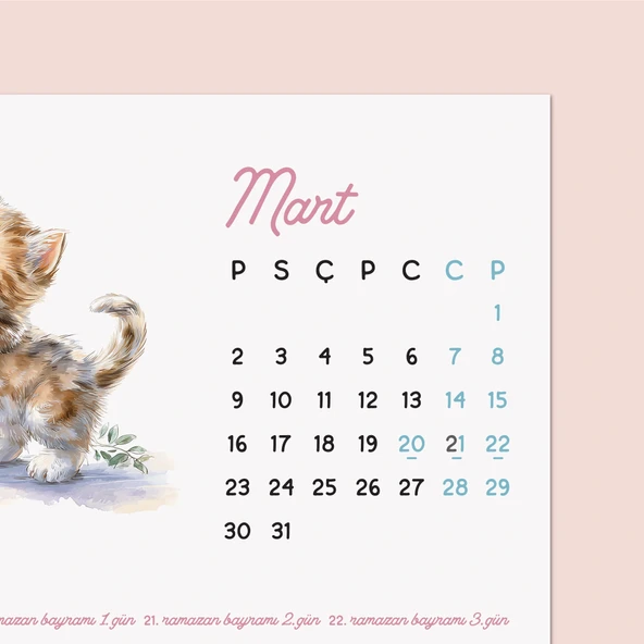 2026 Sevimli Yavru Kedili Masa Takvimi | Doğal Ahşap Tabanlı Takvim | Pastel Pembe Kedi illüstrasyonlu Takvim - Resim 6