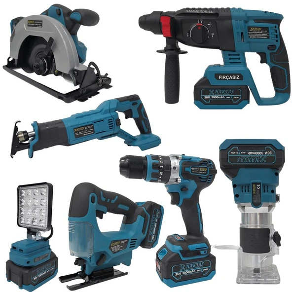 HSGL HKT 747 7’li Akülü Set  36V 3Ah  Kırıcı Delici, Vidalama, Dekupaj, Daire Testere, Freze, LED Işık  Çok Amaçlı Profesyonel El Aletleri Seti ürün görseli 1