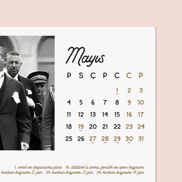 2026 Atatürk Masa Takvimi | Doğal Ahşap Tabanlı Masaüstü Takvimi - Resim 6