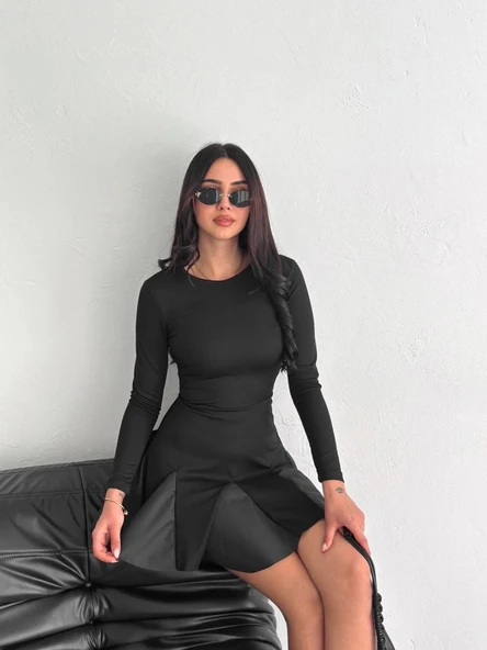 Eteği kloş crep mini elbise s1267 - Resim 4