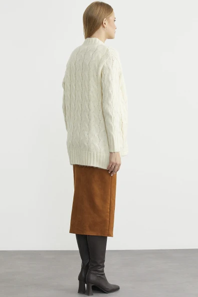 Saç Örgü Motifli Cepli Triko Hırka - Kemik - Resim 5