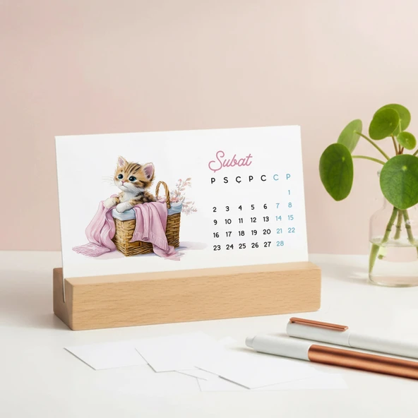 2026 Sevimli Yavru Kedili Masa Takvimi | Doğal Ahşap Tabanlı Takvim | Pastel Pembe Kedi illüstrasyonlu Takvim - Resim 2