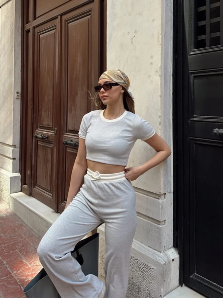Crop pantolon biyeli takım gri - Resim 7