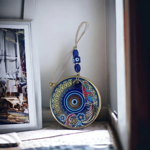 Yaldızlı Bülbül Kuşlu Çicekli Nazar Boncuklu Duvar Süsü Camlı Duvar Dekoru ürün görseli 1