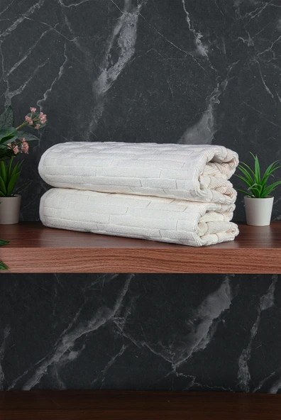 Tuğla Desenli 2li Ayak Havlusu - 50x70 cm - Su Emici Banyo Paspası Seti - Beyaz - Resim 3