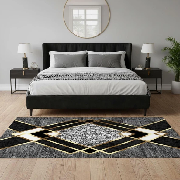 Gri ve Altın renklerde Modern Geometrik Desenli Dijital Baskılı Halı – Kaymaz Tabanlı, Üçgen ve Elmas Formlu Şık Salon ve Oda Halısı - Resim 3