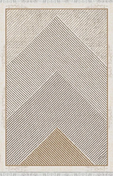 Dijital Baskılı Kahve–Bej Modern Halı – Kaymaz Tabanlı Geometrik Desenli Kolay Temizlenebilir - Resim 4