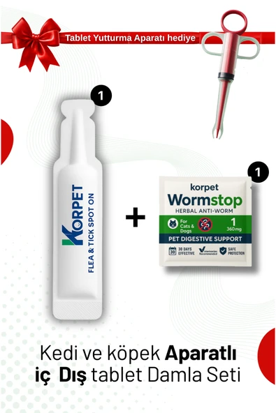 KorPet Kedi Köpek İç Dış Bitkisel Bakım Tablet damla + Hap yutturma aparatı Hediyeli FULL SET ürün görseli 1