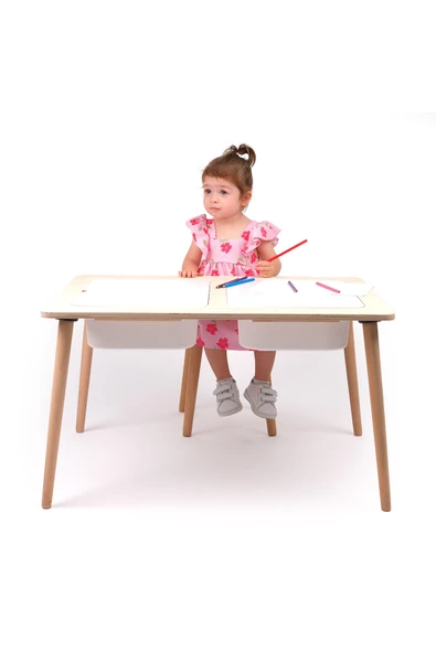 Montessori Çocuk Ahşap Oyun Etkinlik Çalışma Masası Seti, Sandalyeli Ve 2 Saklama Alanlı - Resim 2