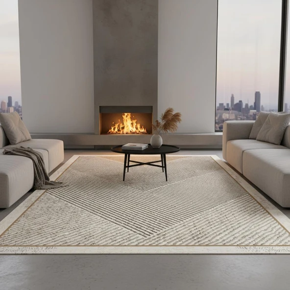 Dijital Baskılı Kahve–Bej Modern Halı – Kaymaz Tabanlı Geometrik Desenli Kolay Temizlenebilir - Resim 2