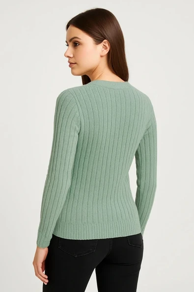 Erkek Bisiklet Yuvarlak Yaka Triko Kazak Pamuklu Kalın Fitilli Dokuma, Regular Fit Uzun Kollu Kışlık Model - Mint Yeşili - Resim 2