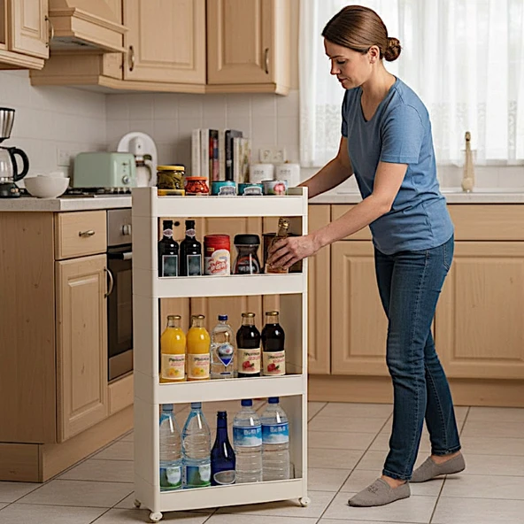 Technow Motek SR-04 Tekerlekli Plastik Mutfak,Banyo Rafı 4 Katlı Organizer Beyaz - Resim 4