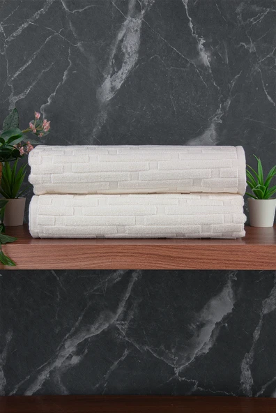 Tuğla Desenli 2li Ayak Havlusu - 50x70 cm - Su Emici Banyo Paspası Seti - Beyaz - Resim 2