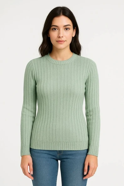 Erkek Bisiklet Yuvarlak Yaka Triko Kazak Pamuklu Kalın Fitilli Dokuma, Regular Fit Uzun Kollu Kışlık Model - Mint Yeşili - Resim 3