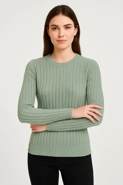 Erkek Bisiklet Yuvarlak Yaka Triko Kazak Pamuklu Kalın Fitilli Dokuma, Regular Fit Uzun Kollu Kışlık Model - Mint Yeşili - Resim 4