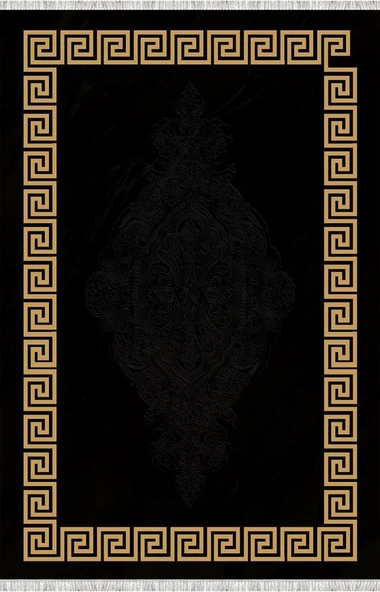 Siyah ve Altın Desenli Dijital Baskılı Halı Kaymaz Tabanlı Modern Geometrik Bordürlü Dekoratif Salon ve Oda Halısı - Resim 4