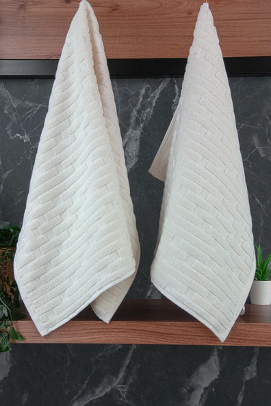 Tuğla Desenli 2li Ayak Havlusu - 50x70 cm - Su Emici Banyo Paspası Seti - Beyaz - Resim 5