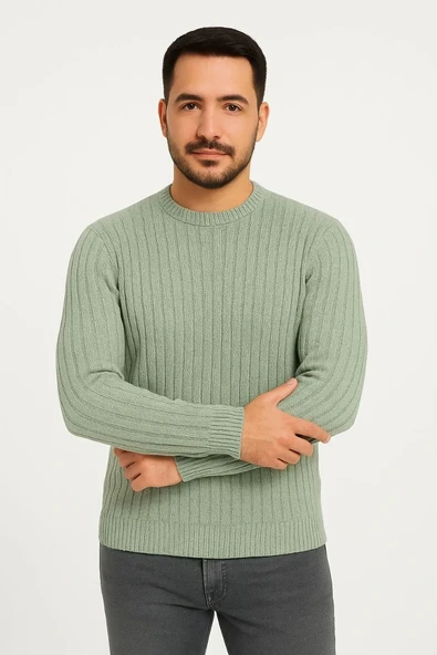 Erkek Bisiklet Yuvarlak Yaka Triko Kazak Pamuklu Kalın Fitilli Dokuma, Regular Fit Uzun Kollu Kışlık Model - Mint Yeşili - Resim 4