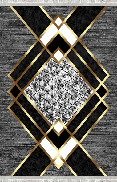 Gri ve Altın renklerde Modern Geometrik Desenli Dijital Baskılı Halı – Kaymaz Tabanlı, Üçgen ve Elmas Formlu Şık Salon ve Oda Halısı - Resim 4