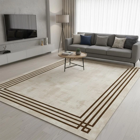 Kahve Bej Modern Çerçeve Desenli Dijital Baskılı Halı – Kaymaz Tabanlı, Minimal Dokulu Şık Salon ve Oda Halısı ürün görseli 1
