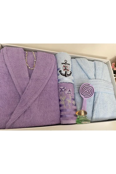 Çeyizlik Aile Bornoz Seti 4 Parça Lila - Mavi - Resim 3
