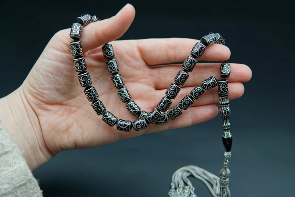 Kapsül Kesim Nakış İşlemeli Oltu Taşı Tesbih sk000155 - Resim 4