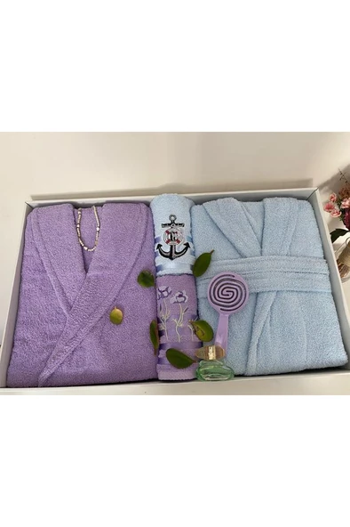 Çeyizlik Aile Bornoz Seti 4 Parça Lila - Mavi - Resim 2