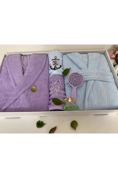 Çeyizlik Aile Bornoz Seti 4 Parça Lila - Mavi ürün görseli 1