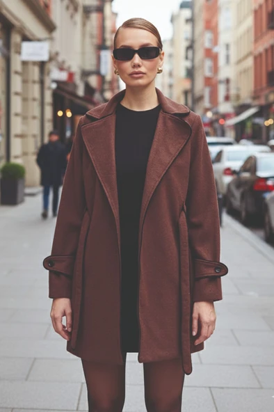 Kaşe Kadın Şık Yaka Kaban ve Kemer - Resim 4