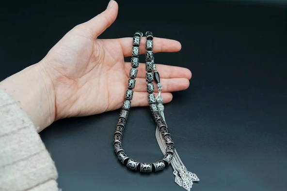 Kapsül Kesim Nakış İşlemeli Oltu Taşı Tesbih sk000155 - Resim 3