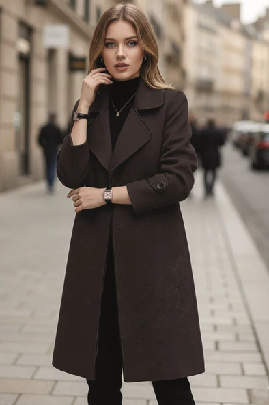 Kaşe Kadın Şık Yaka Kaban ve Kemer - Resim 2