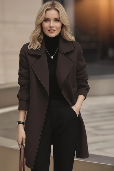 Kaşe Kadın Şık Yaka Kaban ve Kemer - Resim 4