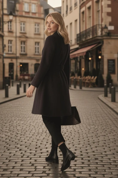 Kaşe Kadın Şık Yaka Kaban ve Kemer - Resim 3