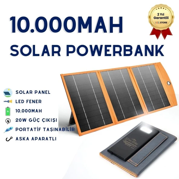 10.000mAh Güneş Enerjili Solar Powerbank 3 Panelli ürün görseli 1