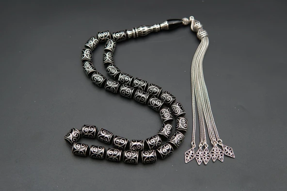 Kapsül Kesim Nakış İşlemeli Oltu Taşı Tesbih sk000155 - Resim 6