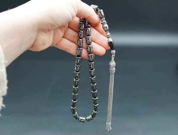 Kapsül Kesim Nakış İşlemeli Oltu Taşı Tesbih sk000155 ürün görseli 1