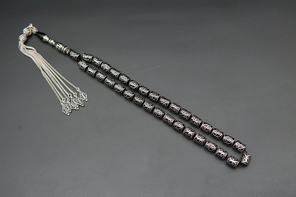 Kapsül Kesim Nakış İşlemeli Oltu Taşı Tesbih sk000155 - Resim 2