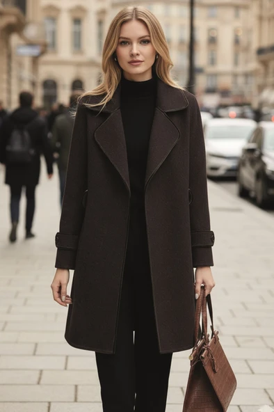 Kaşe Kadın Şık Yaka Kaban ve Kemer ürün görseli 1