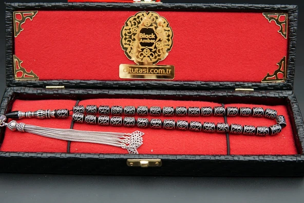 Kapsül Kesim Nakış İşlemeli Oltu Taşı Tesbih sk000155 - Resim 5