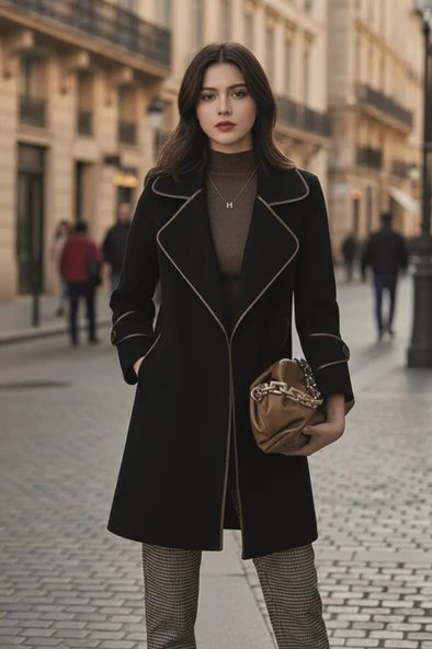 Kaşe Kadın Şık Yaka Kaban ve Kemer - Resim 2