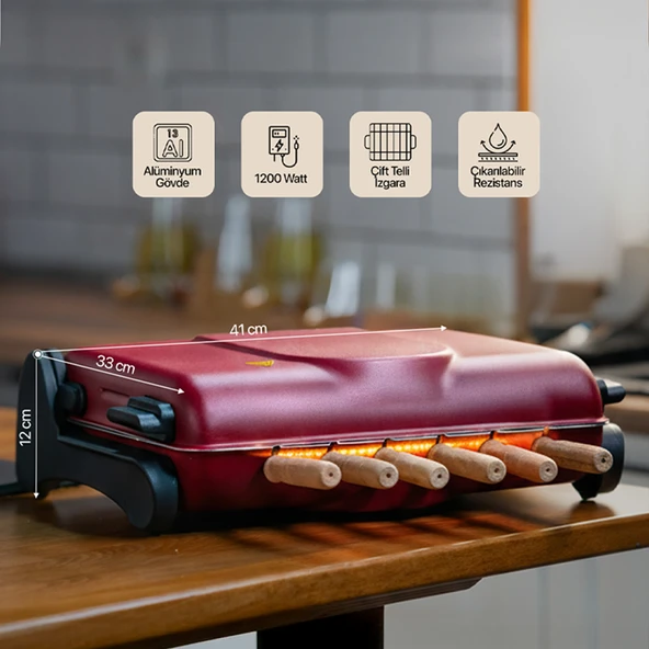 Akel AB670 1200W Kırmızı Elektrikli Izgara, Kokusuz & Dumansız Mangal, Barbekü, 6 Adet Krom-Nikel Kaplama Şiş - Resim 2